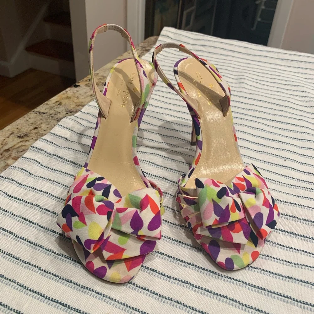 Kate Spade Multi Heart Pink Purple Print Bow Heel Lourdes Shoes